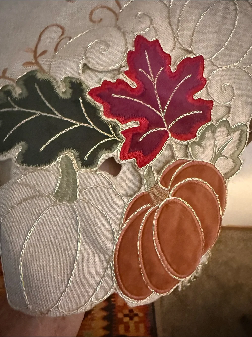 Scalloped Edge Table Runner in Cream with Rust Embroidery